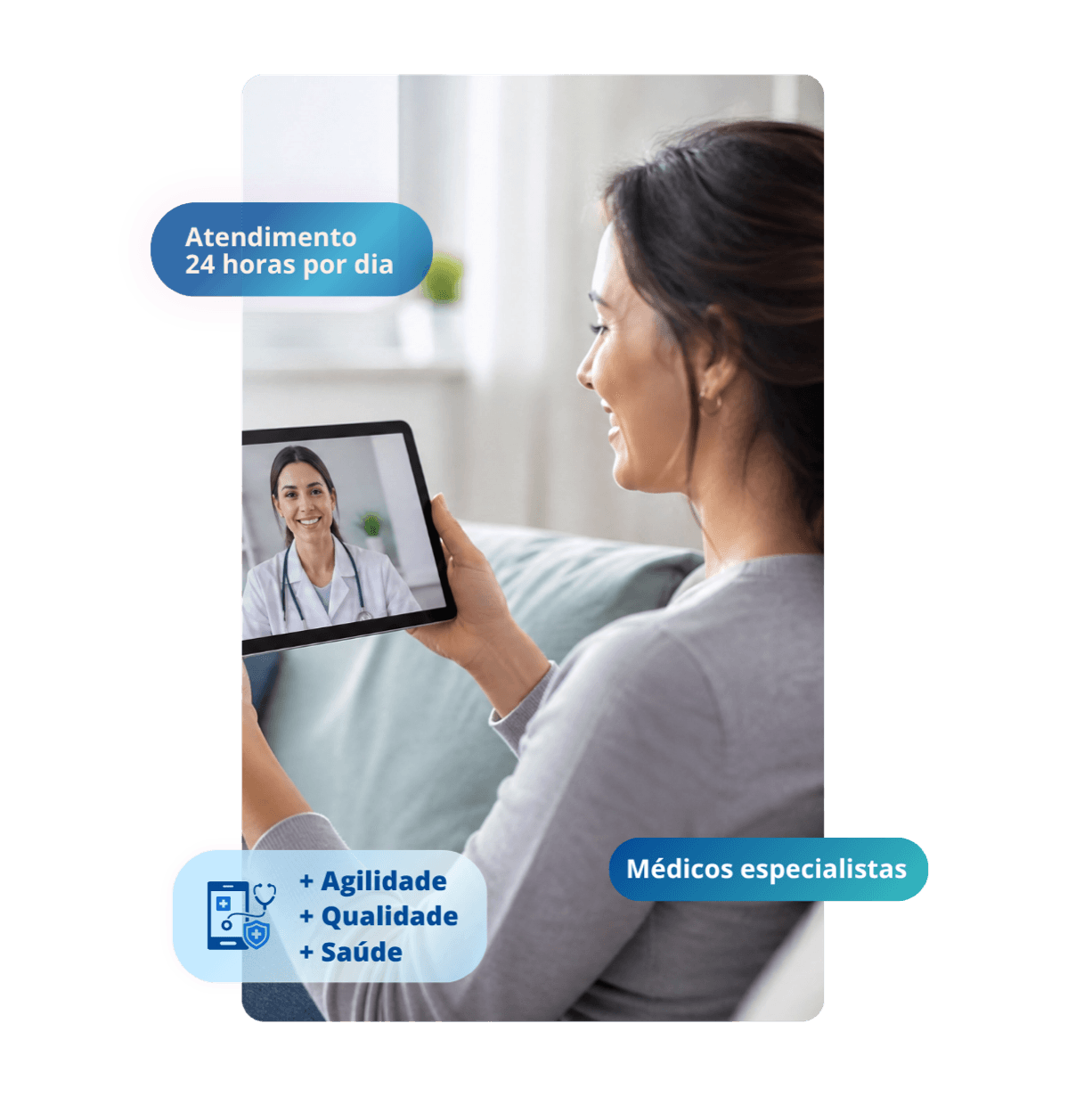 Paciente em consulta médica por vídeo, pelo tablet, com a Salutis Telemedicina